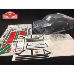 Carrozzeria Fiat 131 Abarth Rally trasparente in policarbonato Lexan 1mm, con kit decals “ALITALIA” ed accessori in plastica cod.02349